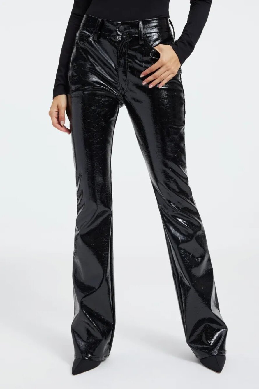 Good American Good Classic Boot Faux Leather Pants 001 Black Glossy Vegan Patent